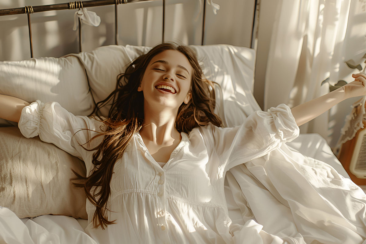 Woman waking up in bed refreshed after sleeping to her chronotype.