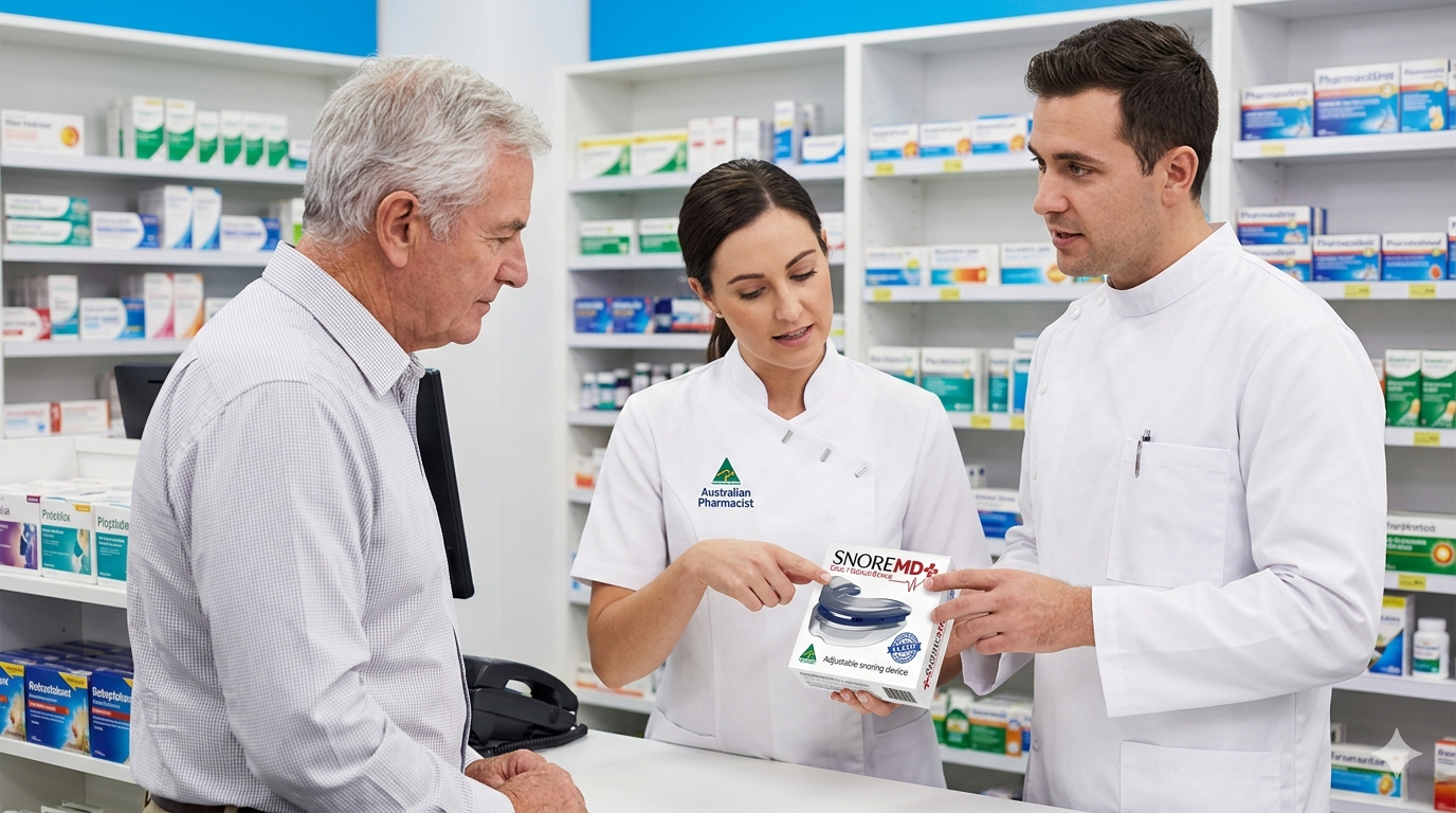 pharmacists recommending snoremd to an old man for his snoring