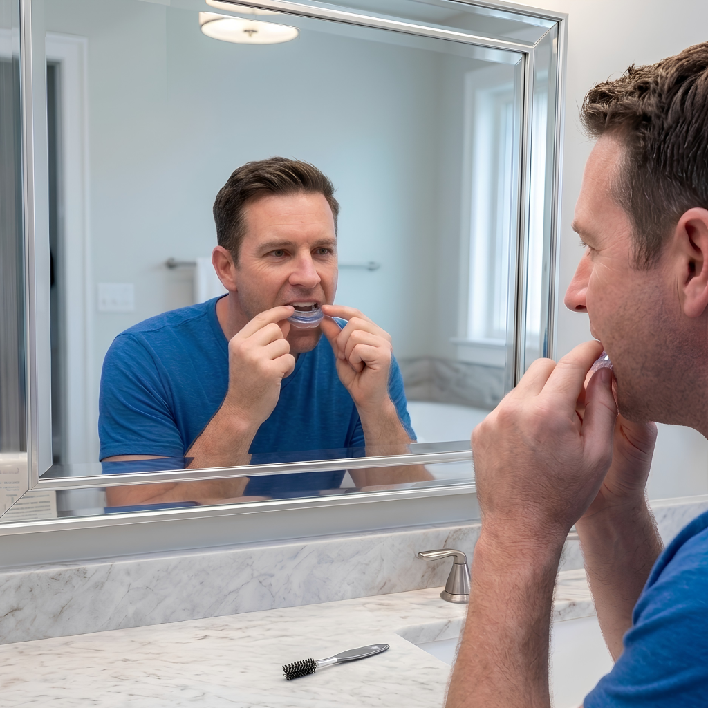 man fitting snoremd adjustable mouthpiece